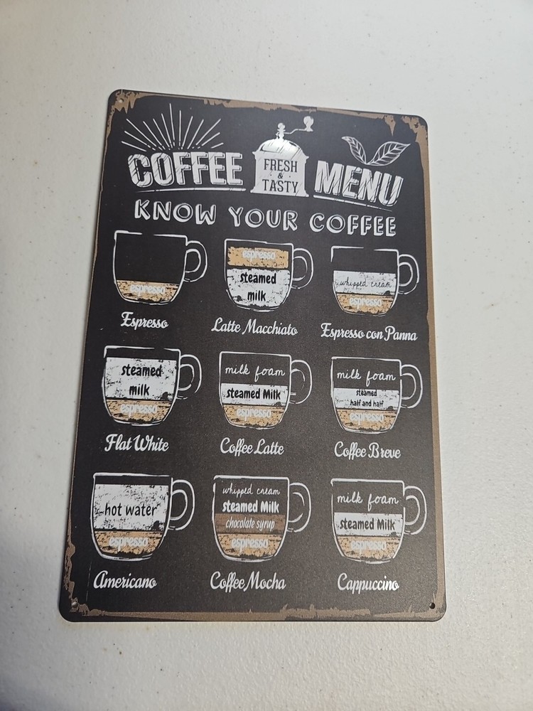 Coffee Menu, Know Your Coffee Metal Sign