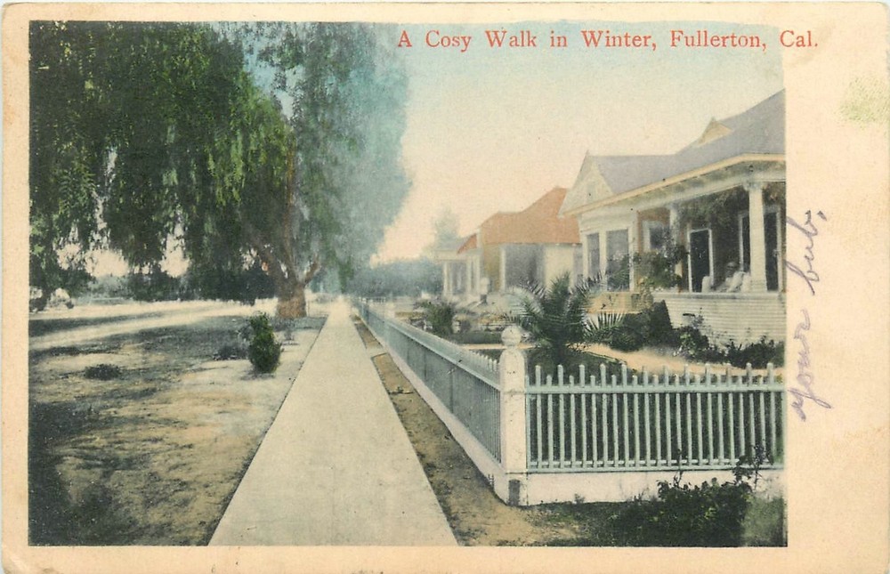 1907 Fullerton California Cozy walk winter hand colored Rieder Postcard 25-9138