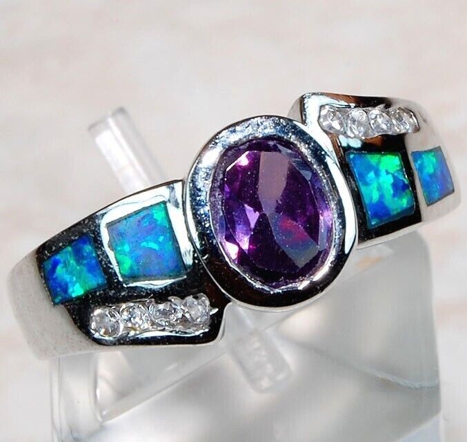 1CT Amethyst Australian Opal Inlay 925 Sterling Silver Ring Size 7 BA4
