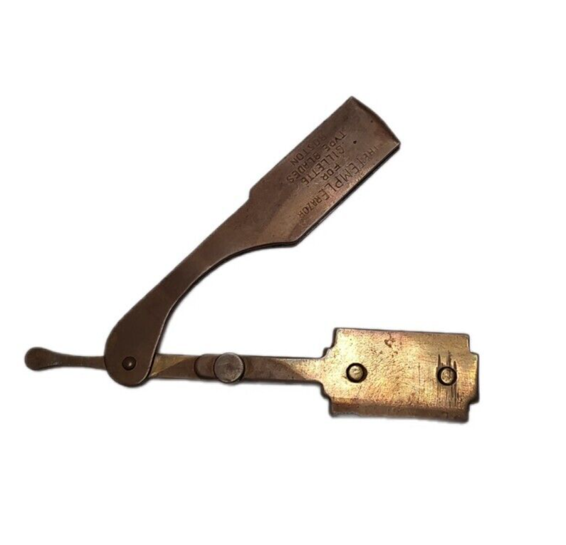 Vtg Metal The Temple Razor for Gillette Double Edge Blades Boston US PAT Strop