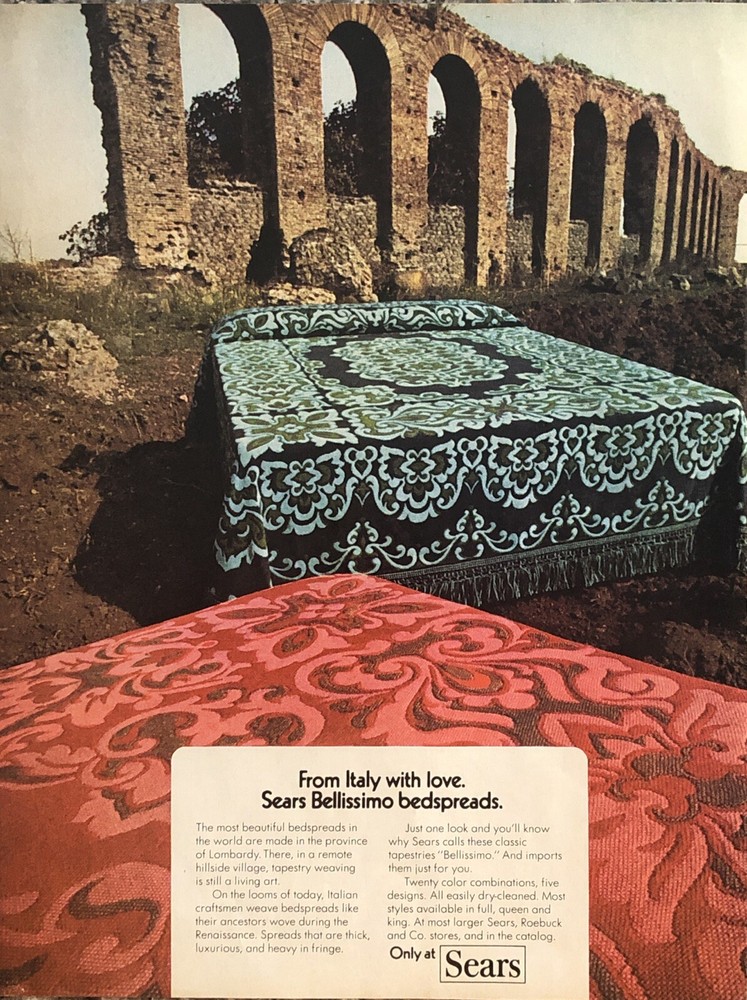 1972 Sears Bellissimo Bedspreads PRINT AD Renaissance From Italy w Love VTG 70s