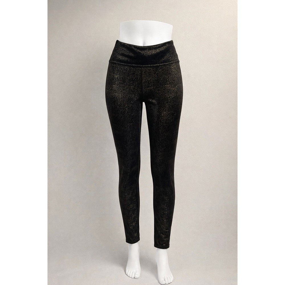 Spanx Leggings Women Medium Black Gold Metallic Foil Shimmer High Waist Shaping