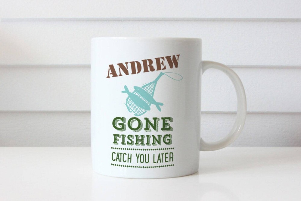 Personalized Gone Fishing Coffee Mug with Custom Name for Anglers