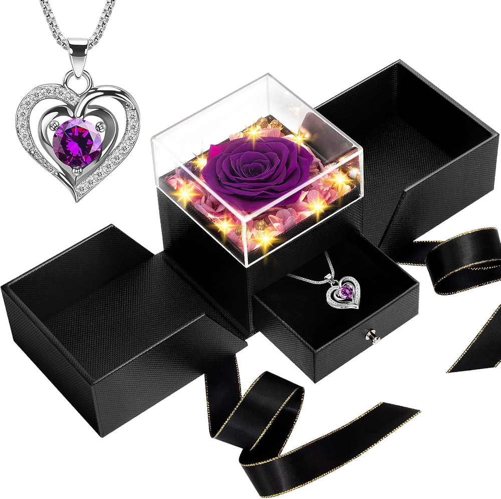 Birthday Gifts for Women, Preserved Rose with Necklace & LED Light in Gift Box,