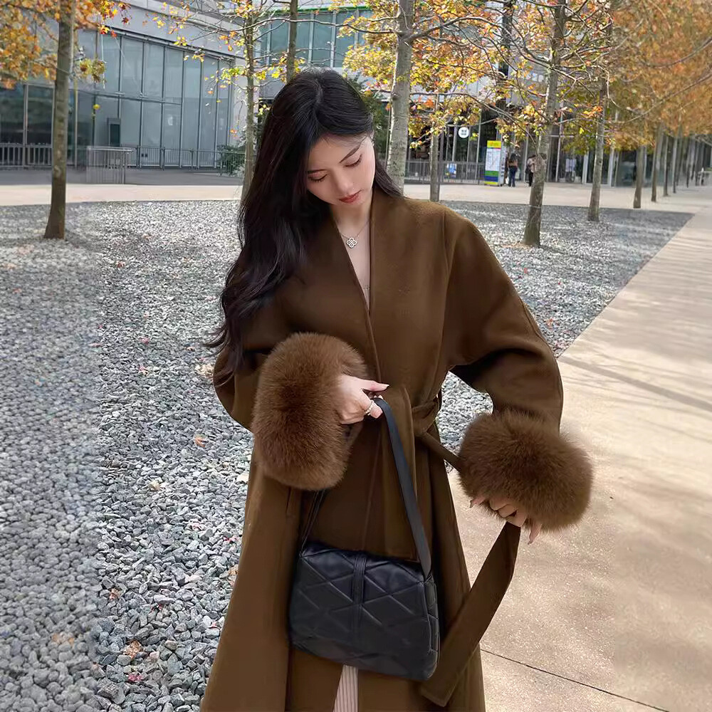 Women's Double-Sided Wool Coat with Fox Fur Hood & Leather Cuffs-image