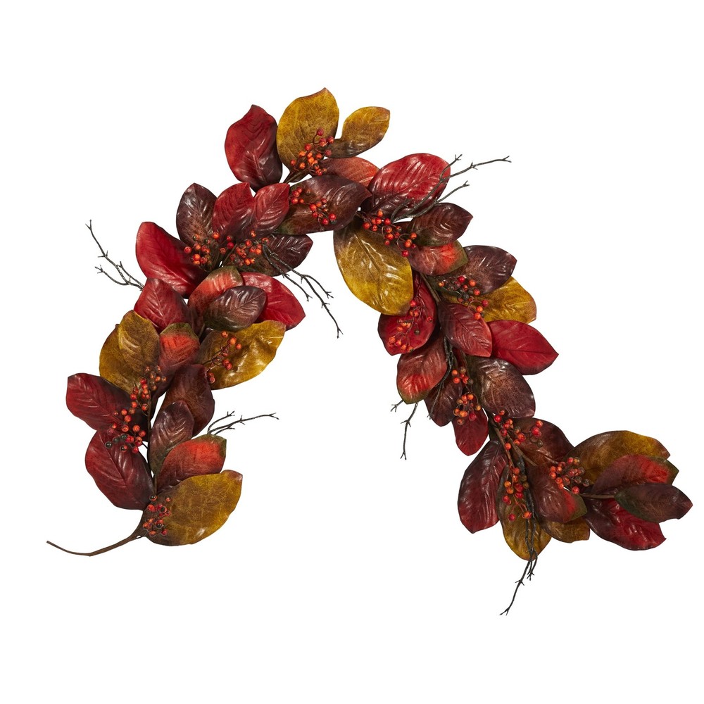 6' Harvest Magnolia Leaf with Berries Artificial Garland, Orange