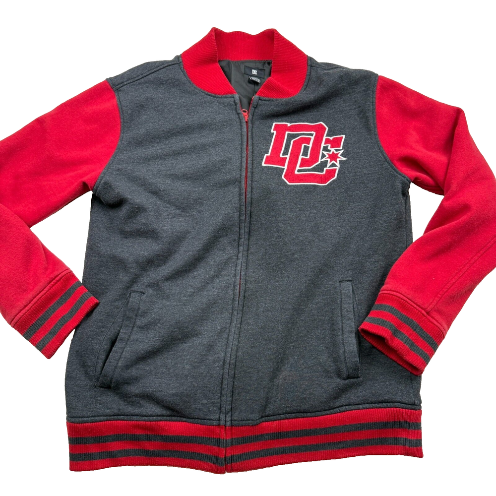 Men's Gray & Red DC Varsity Jacket Large Wool-Lined Long Sleeve Full Zip Skate Punk Style