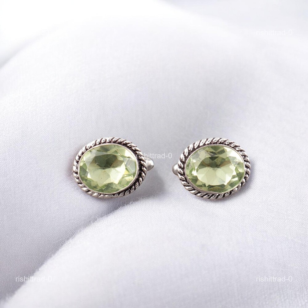 Green Amethyst Gemstone 925 Sterling Silver Wedding Christmas Grooms Cufflinks