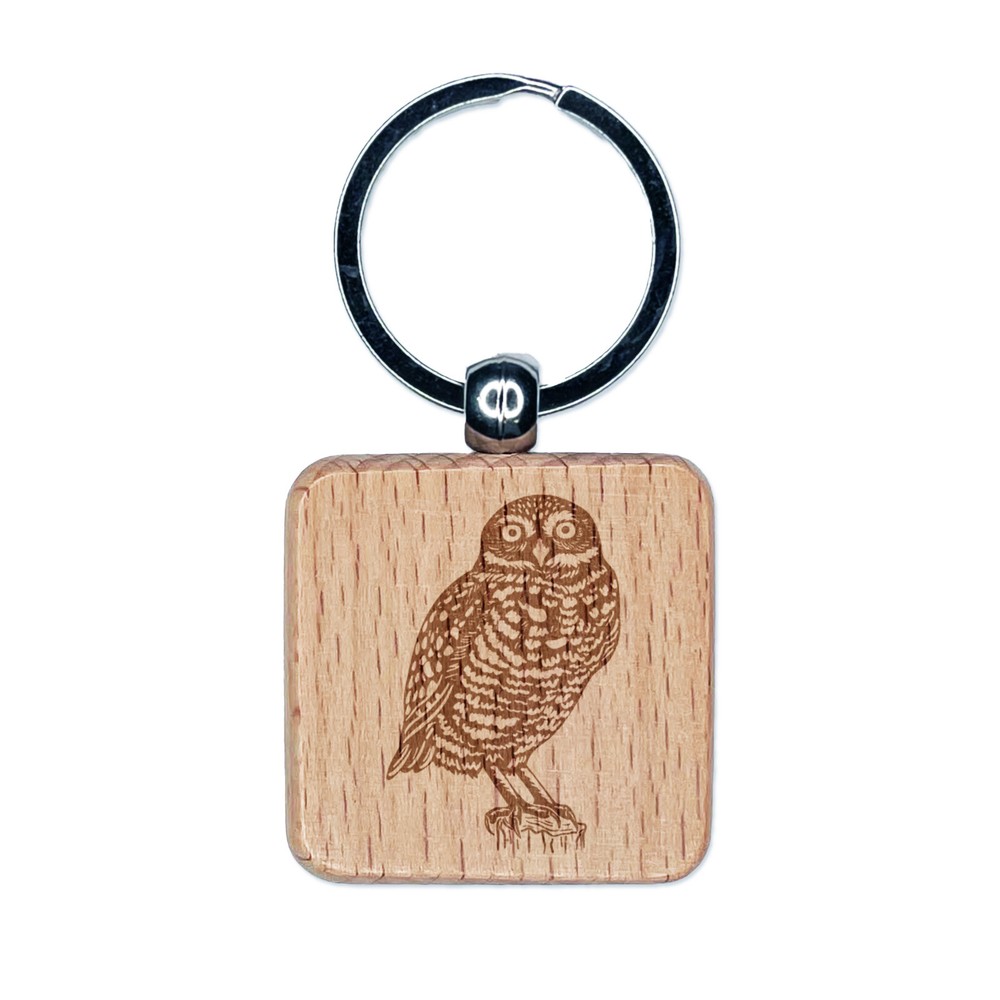 Watchful Burrowing Owl Engraved Wood Square Keychain Tag Charm