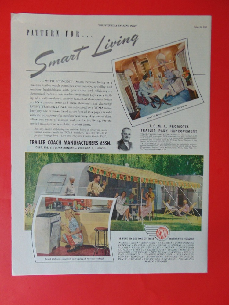 1947 TRAILER COACH MANUFACTURERS ASSN. SMART LIVING art print ad