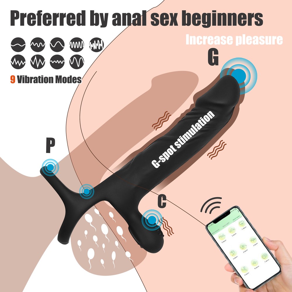 APP Vibrating Double Penetration Cock Ring Anal Sex Slim Dildo Dong Butt Plug