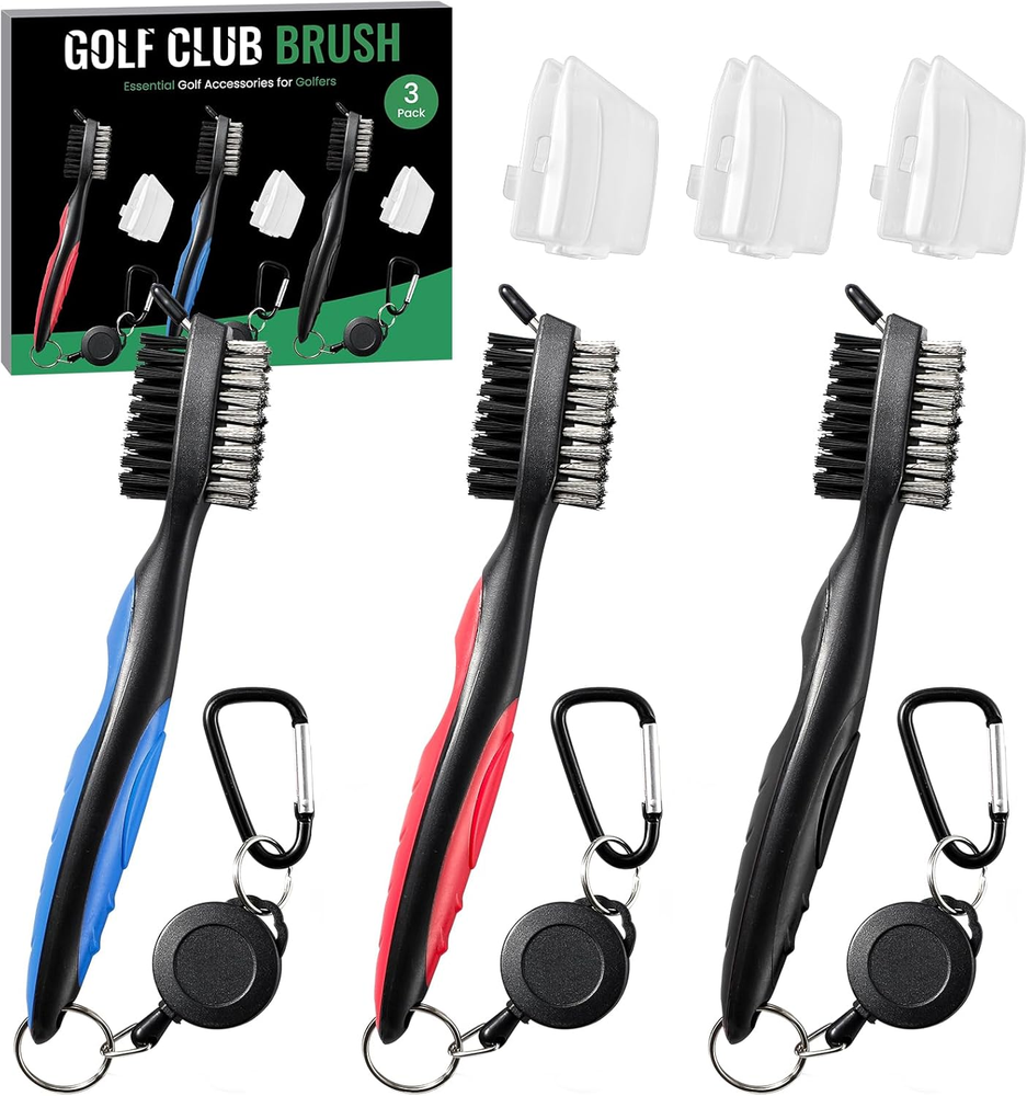 3-Pack Retractable Golf Club Brush with Zip-Line & Aluminum Groove Cleaner