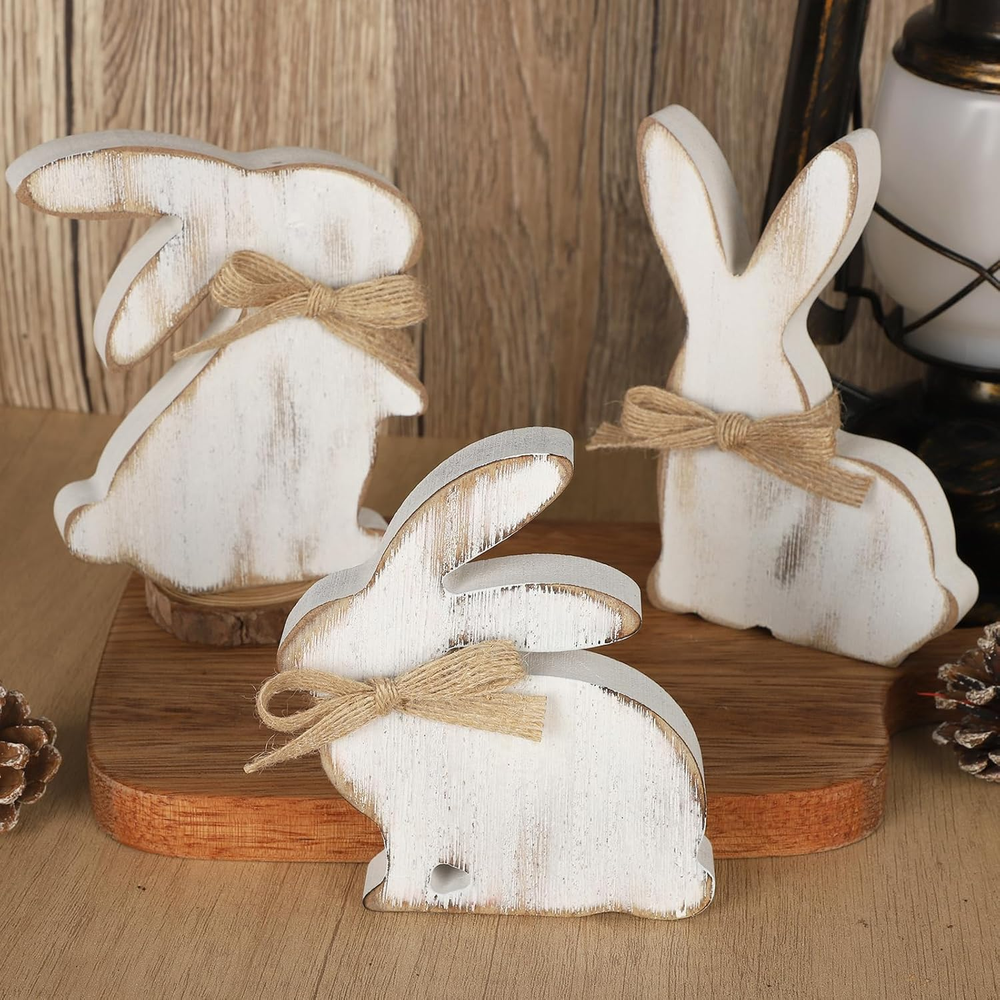 3Pcs Easter Decorations, Farmhouse Wooden Bunny Table Decor Rustic Rabbit Center
