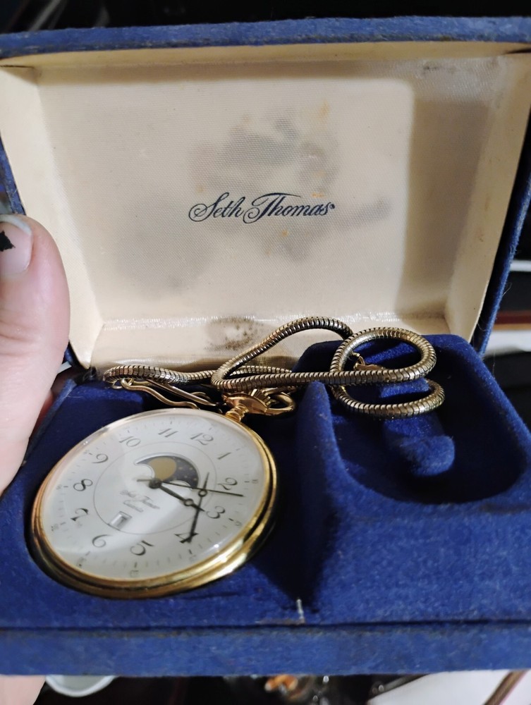 Vintage Swiss Moon Phase Quartz Pocket Watch Rare Original