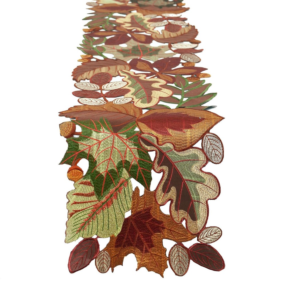 Embroidered Fall Autumn Thanksgiving Leaves Table Runner (14 × 34 Inches)