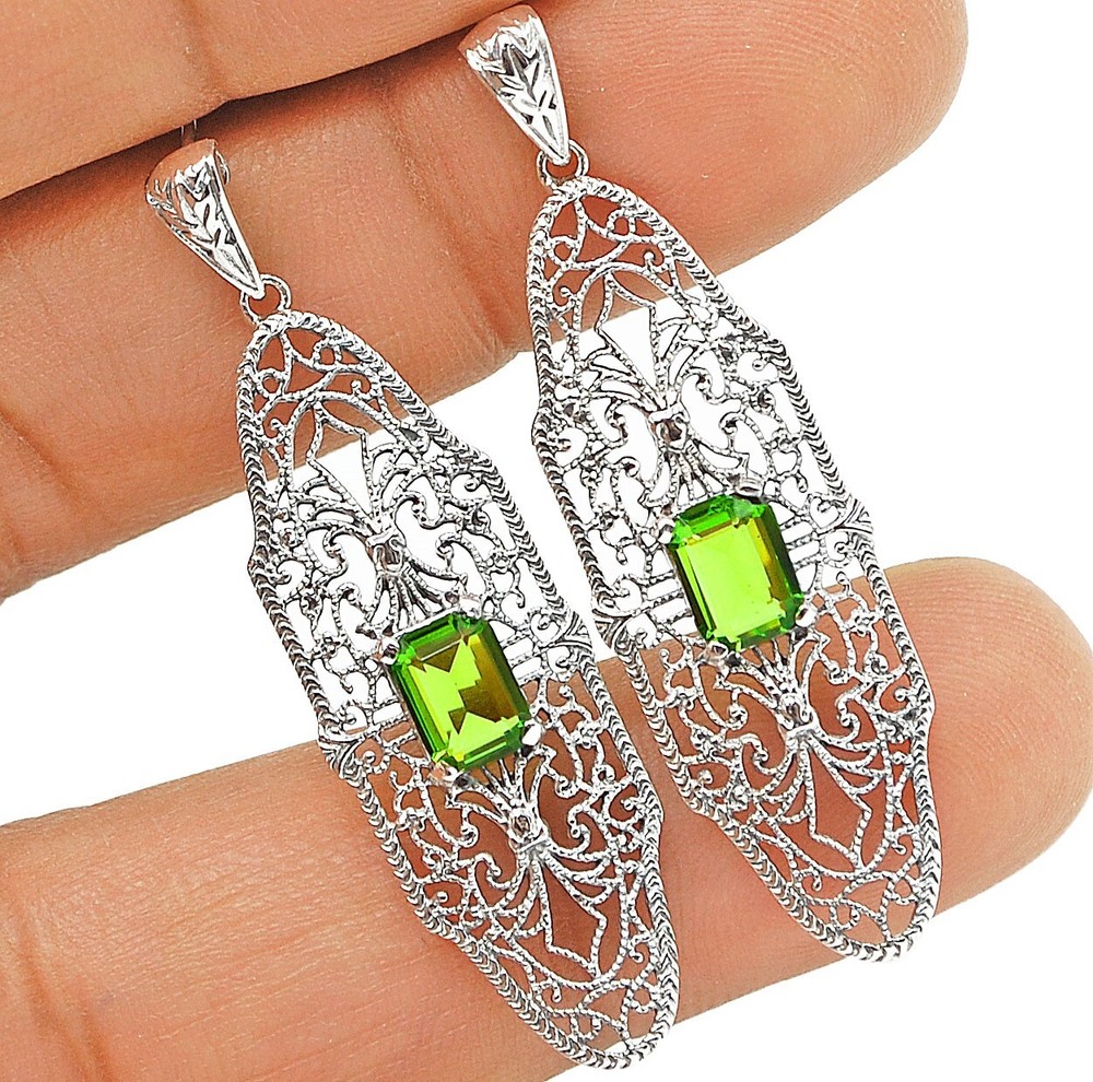 2CT Natural Peridot Sterling Silver Edwardian Style Earrings FP1
