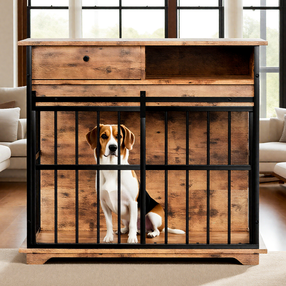 Dog crate with tray, drawer, and side storage compartments