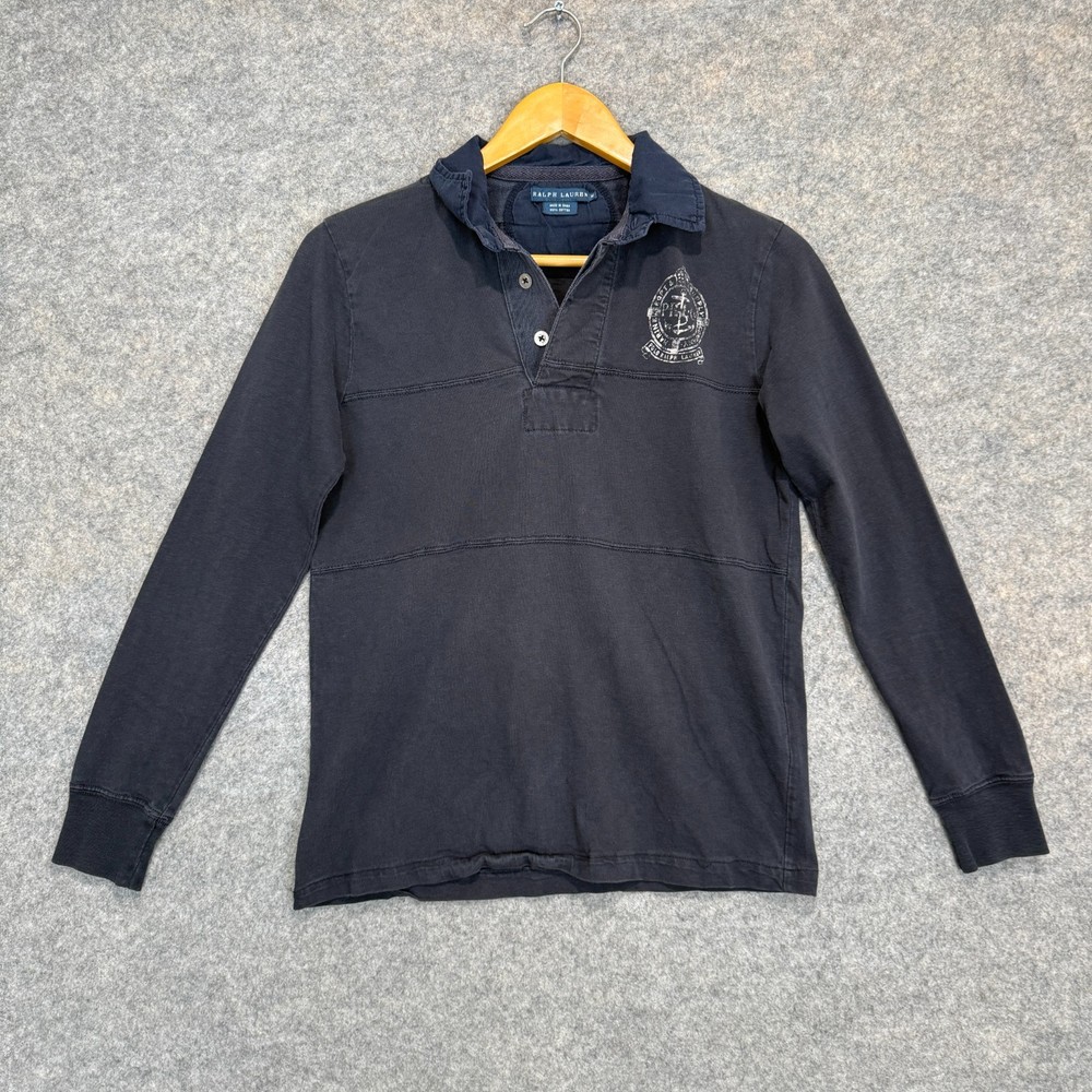 Vintage Ralph Lauren Polo Shirt Womens Medium Crest Graphic Rugby Navy Blue Y2k