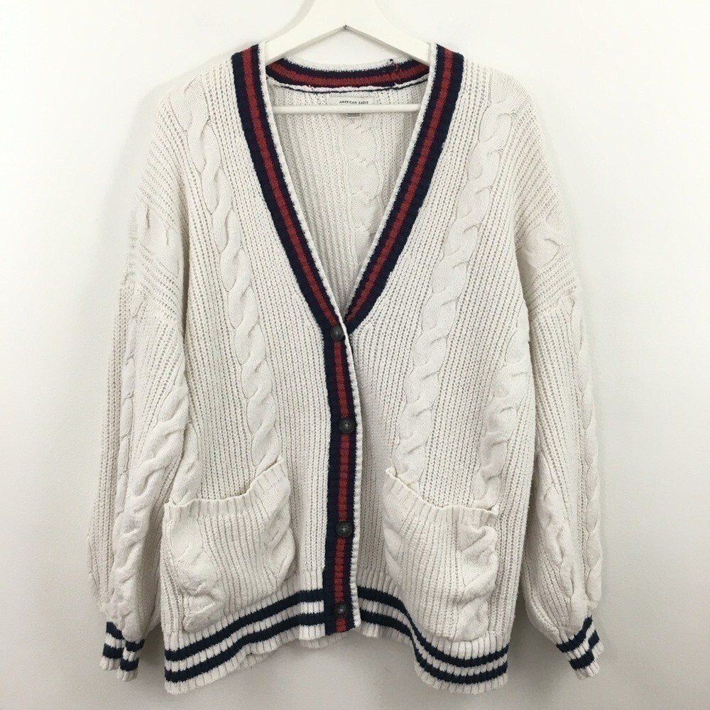 American Eagle Women’s Chunky Knit Button Down Sweater White Red Blue Size L