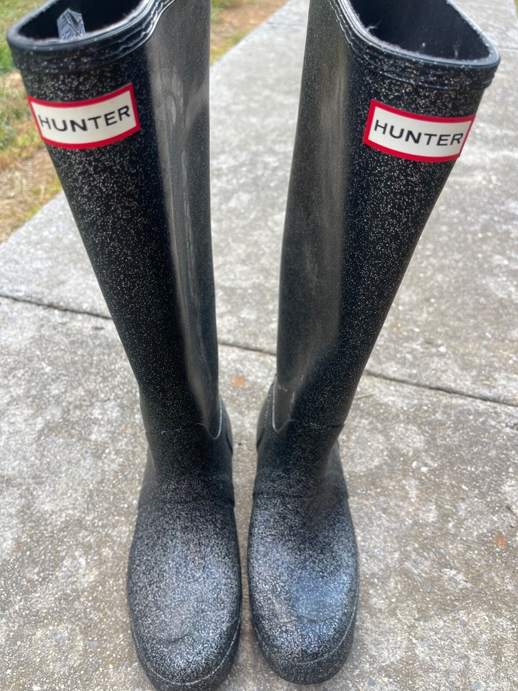 Hunter Original Tall Gloss Women's Rain Boots - Black sparkly, 7 US