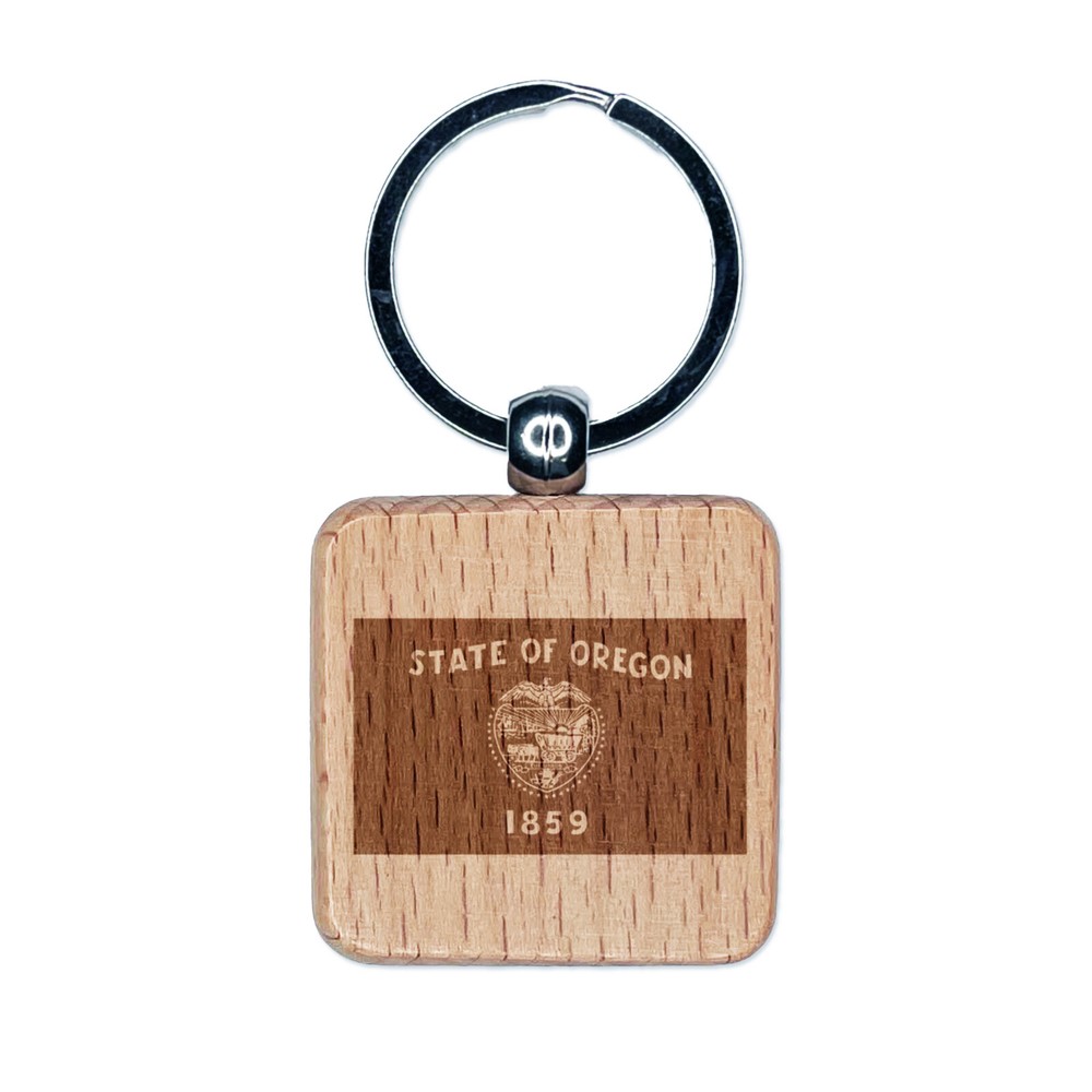 Oregon State Flag Wood Engraved Square Keychain Charm  