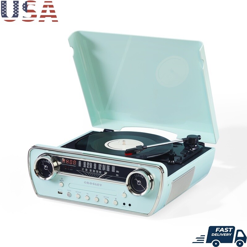 7in-1 Vinyl Record Player Vintage Turntable Bluetooth CD Player AM FM Radio Blue