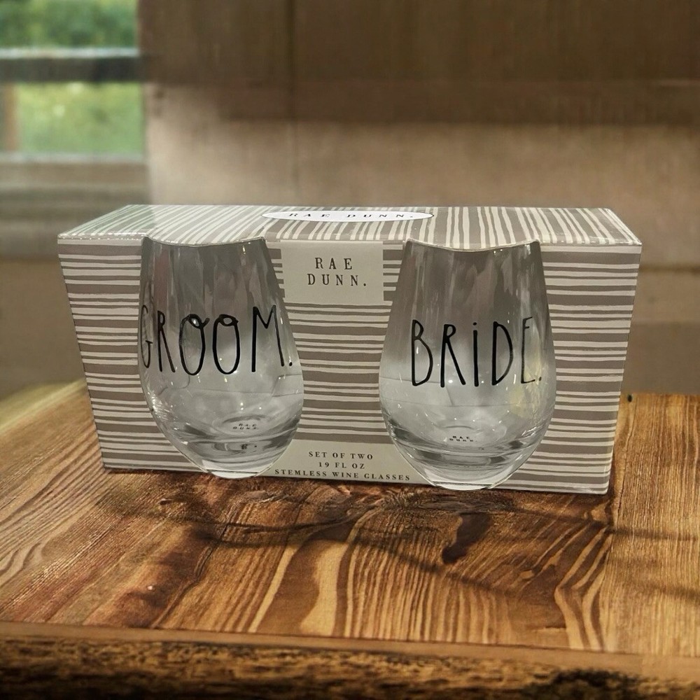 Rae Dunn Bride & Groom Stemless Wine Glasses Wedding Set Glassware