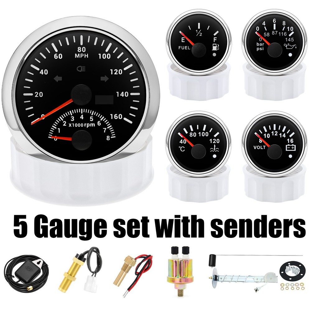 85mm GPS Speedometer & 52mm Gauge Set with Tachometer, Fuel, Temp, Oil Pressure, Volt
