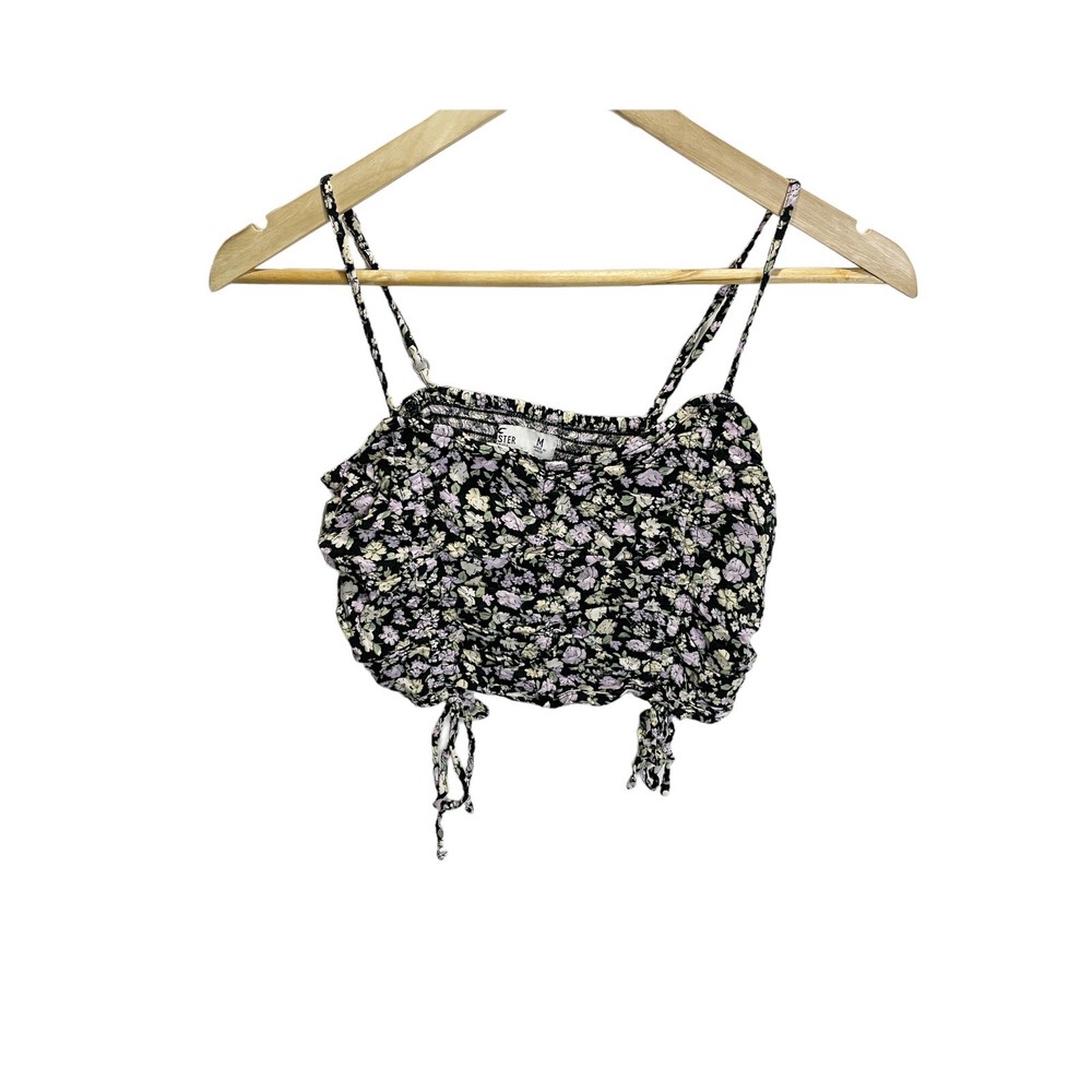 Hollister Women’s Juniors Black Floral Cinch Front Tie Ruched Crop Top Sz M