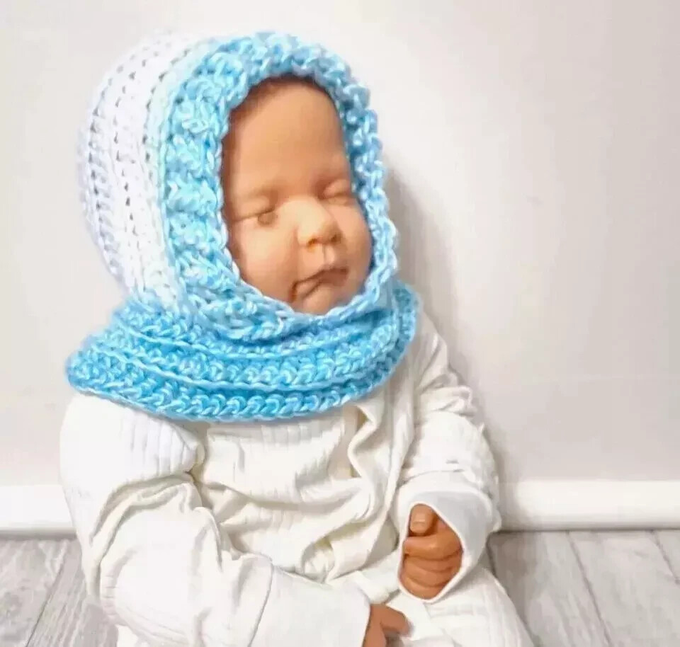 handmade crochet baby hat hood cowl newborn 0-3 months unisex cool blue new