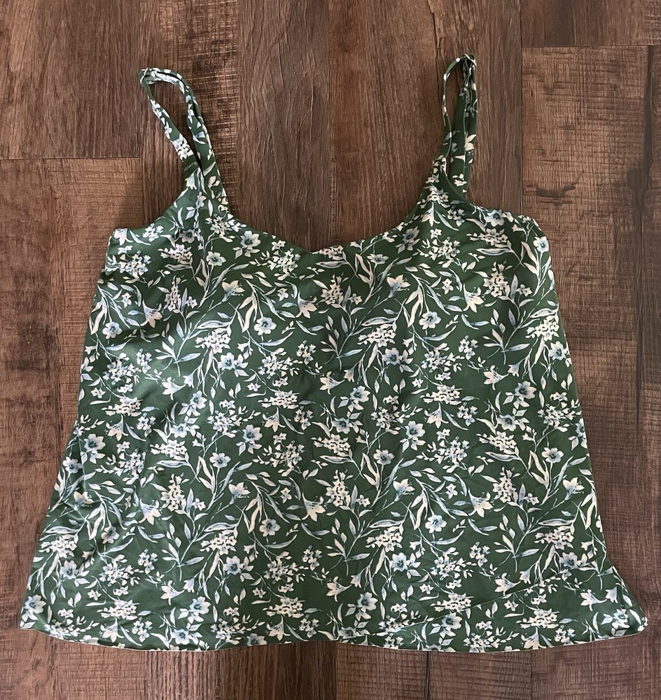 Garnet Hill Womens Floral Built-In Bra Adjustable Strap Swim Top Bright Green 14