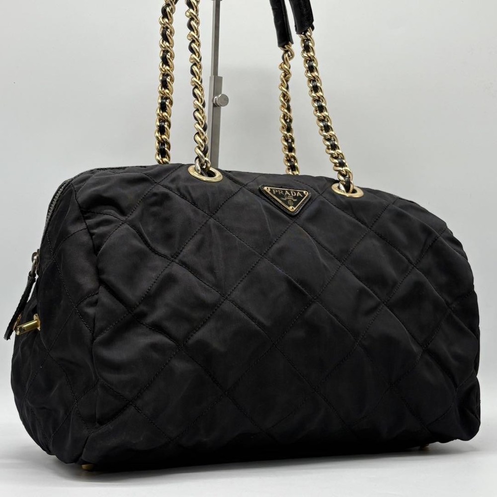 PRADA Quilted Black Chain Shoulder Bag with Triangle Plate in Excellent Condition