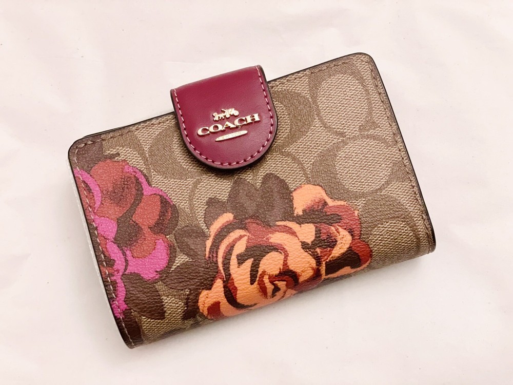 Coach Medium Corner Zip Wallet in Signature Canvas with Floral Print - Gold/Khaki CF312 NWT