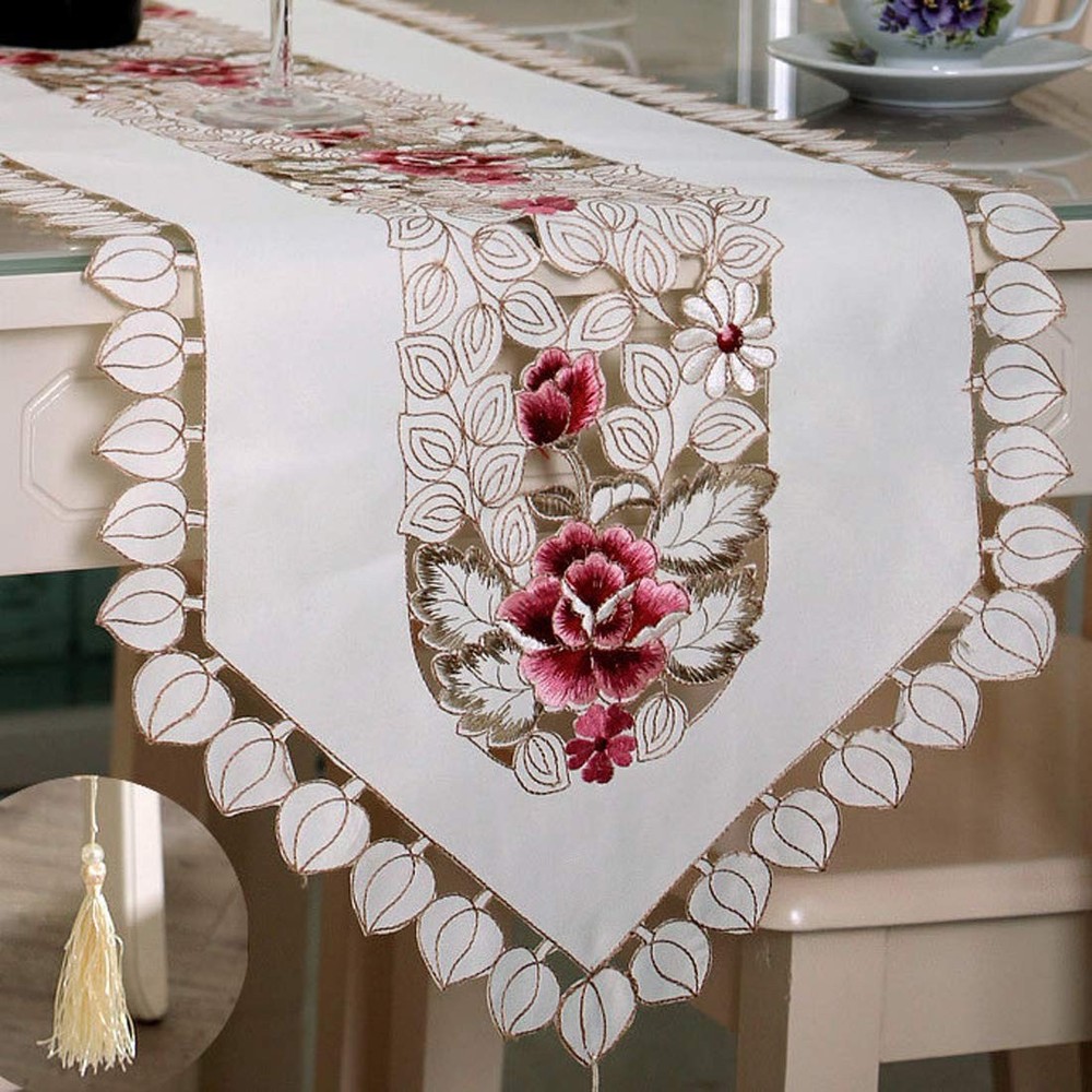 15 Inch X 58 Inch Flowers Embroidered Table Runner, Classic Lace Rose Floral ...