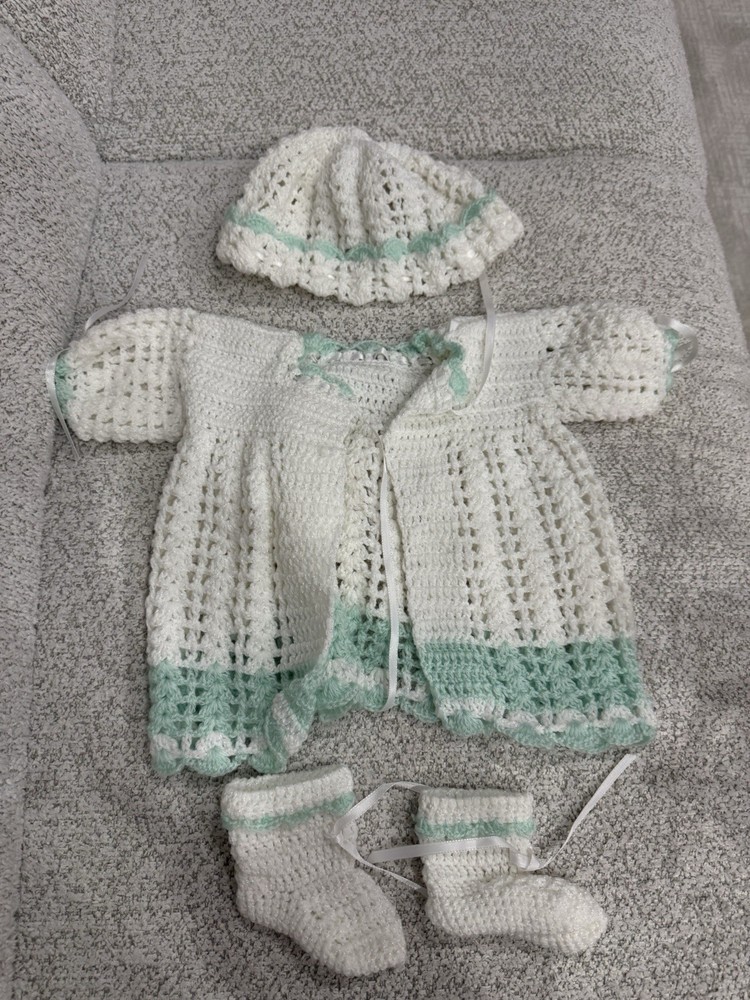 Vintage Handmade Crochet Baby Outfit Set With Sweater Hat & Booties