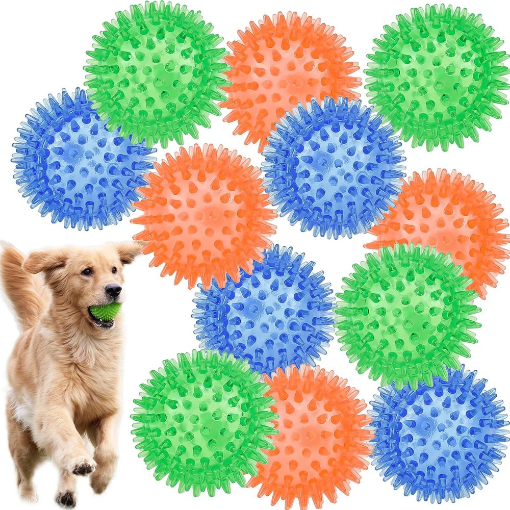 12pack Squeaky Dog Toys Spiky Dog Balls Cleans Teeth and Promotes Dental and ...
