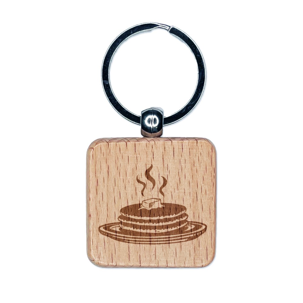 Hot Pancakes Flapjacks Breakfast Engraved Wood Square Keychain Tag Charm