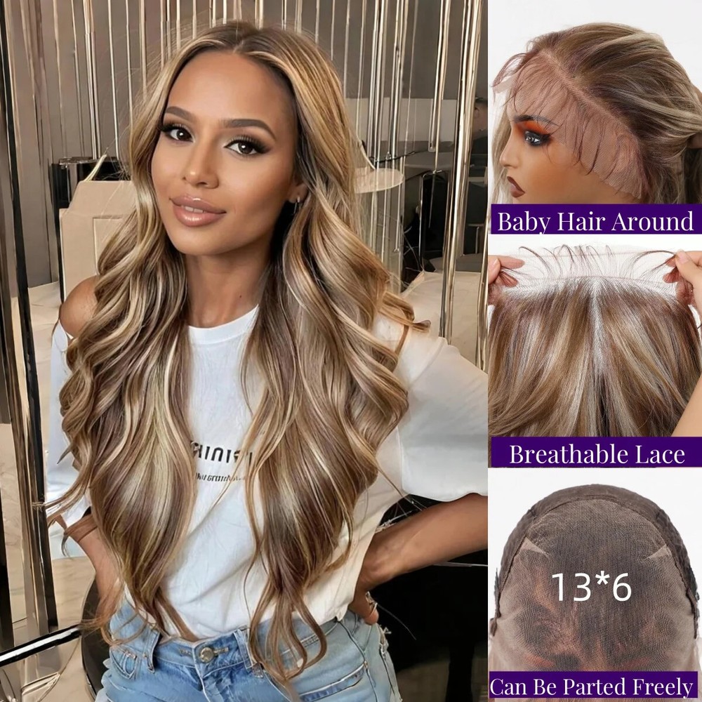 13x6 HD Body Wave Lace Front Wig Glueless Synthetic Highlight Blonde