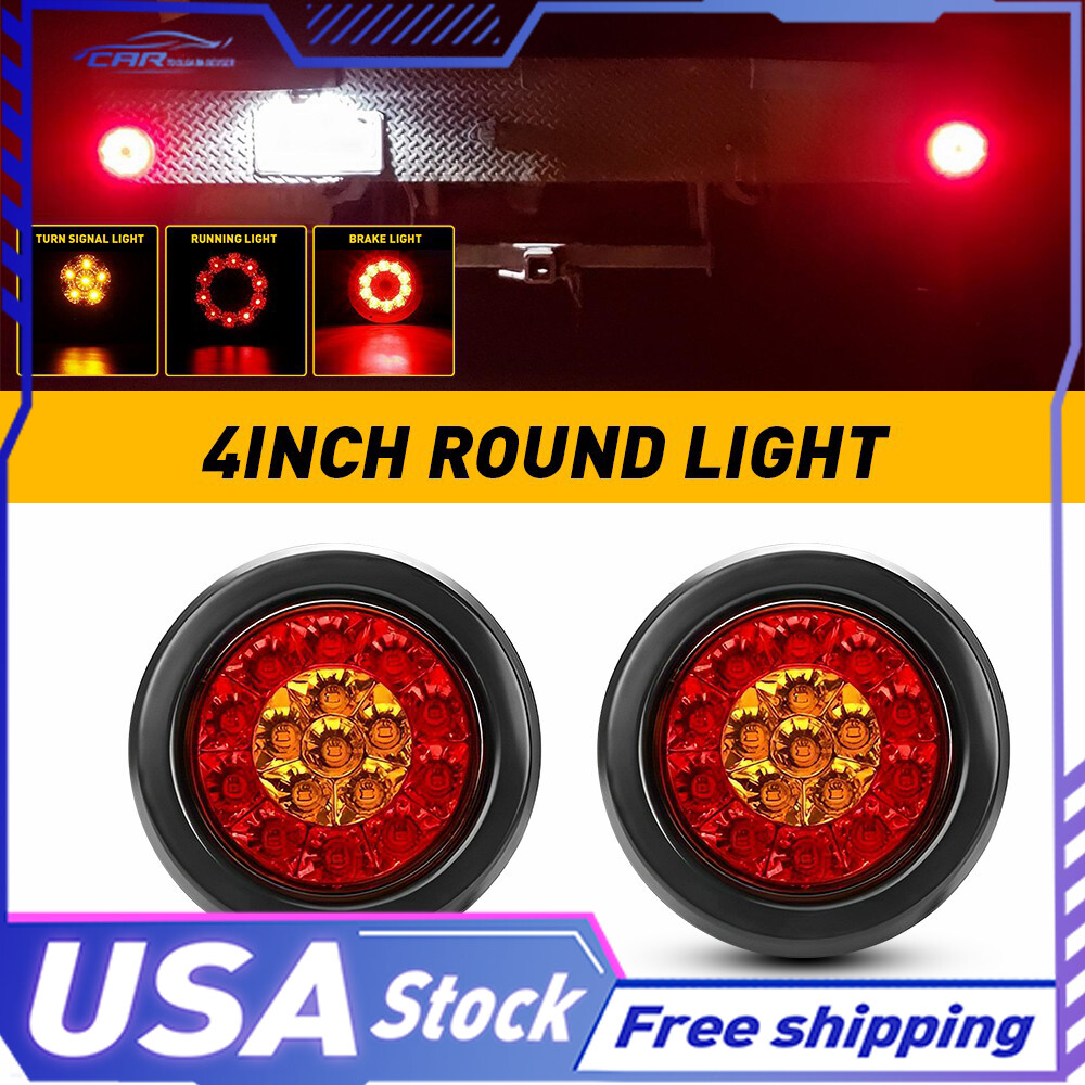 2* 4inch Round Red 16-LED Amber Truck Brake Trailer Stop Turn Signal Tail Lights