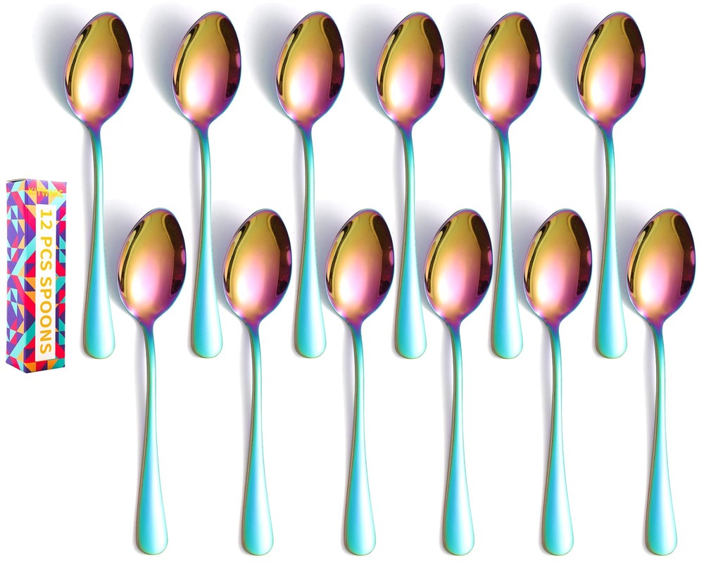 Rainbow Dinner Spoons, Set of 12 Pieces Spoons Silverware, 6.8 Inch Iridescen...