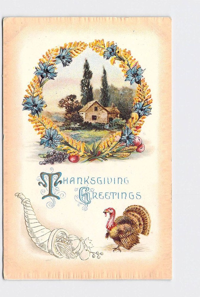 Thanksgiving Holiday Postcard Turkey Cornucopia Wreath Embossed Design