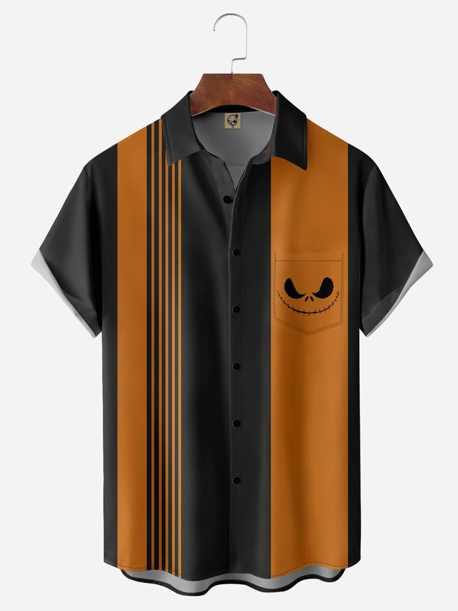 Pumpkin Face Chest Pocket Short Sleeve Hawaiian Shirt for Fall Festival and Halloween Celebrations