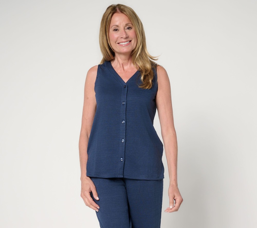 Cuddl Duds Women's Top Sz S Slub Knit Button Front Tank Blue A683090