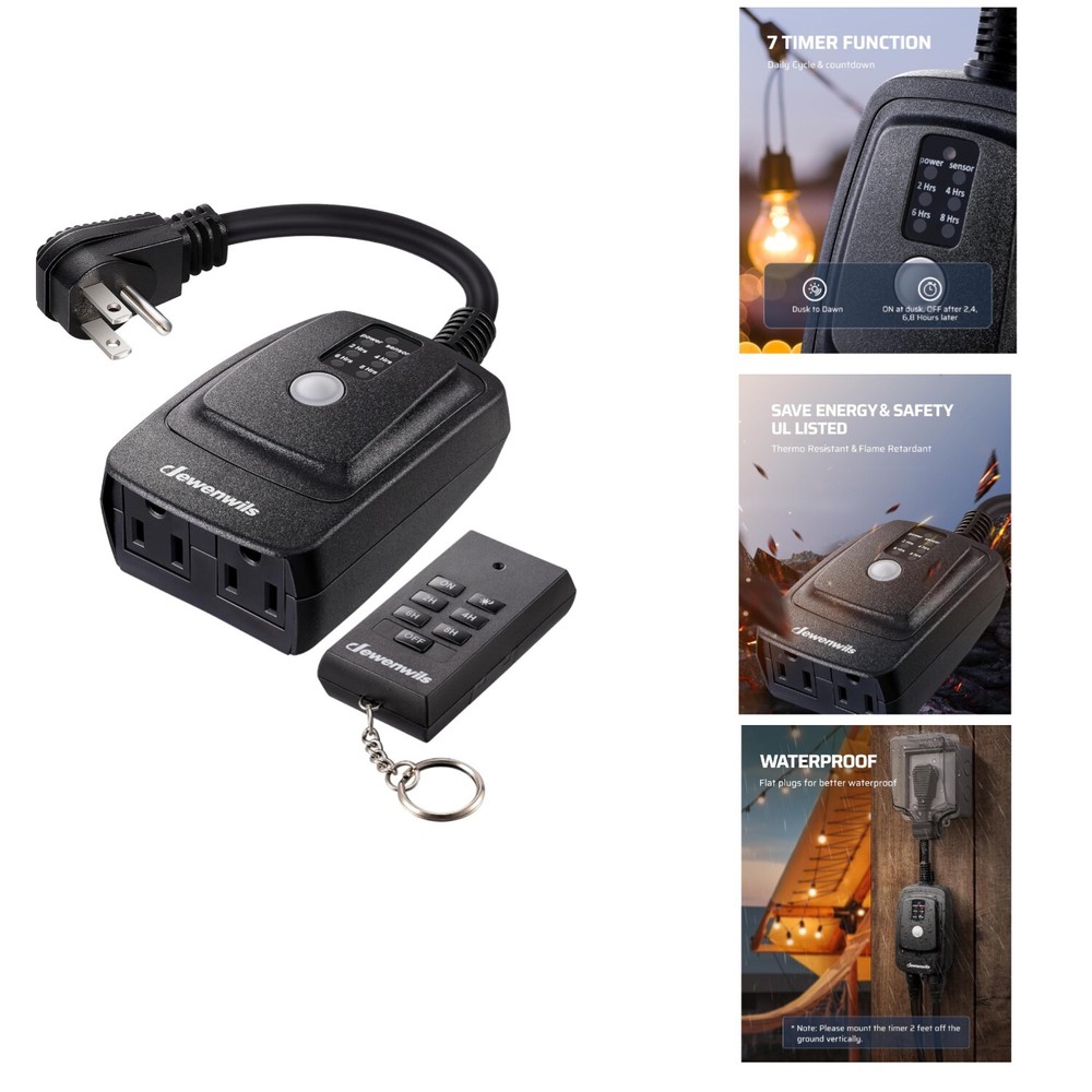 Smart Light Sensor Timer Plug with Dual Outlets - Remote Controlled Outdoor Lighting