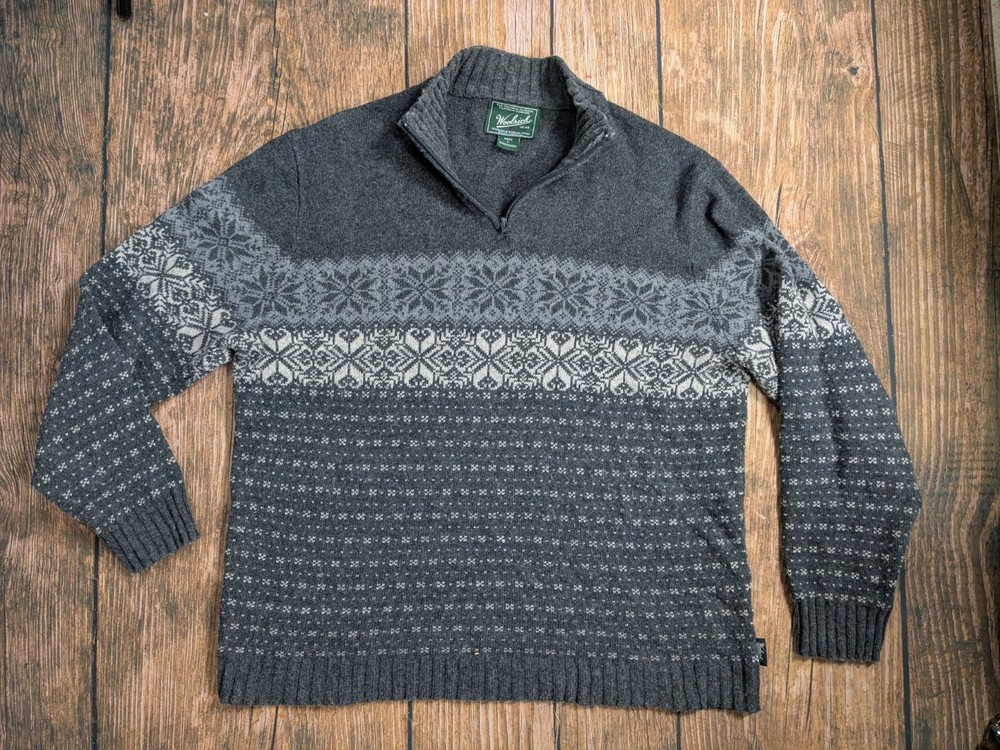 Vintage Woolrich Men’s Sweater Fair Isle Grey/Gray 1/4 Zip Wool Blend Size LARGE
