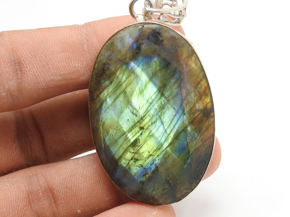 Christmas Gift Labradorite Brass Pendant Faceted Cabochon Multi Fire Jewelry