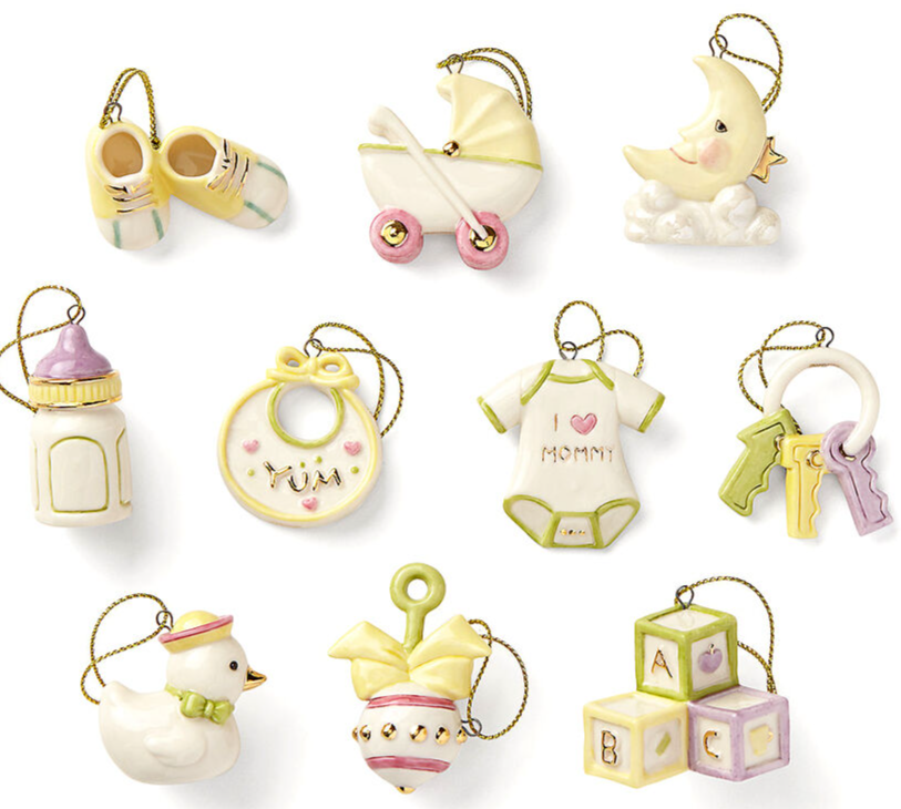 Lenox Baby Memories 10-Piece Mini Ornament Set with Blocks Bottle Bib Rattle Bootie