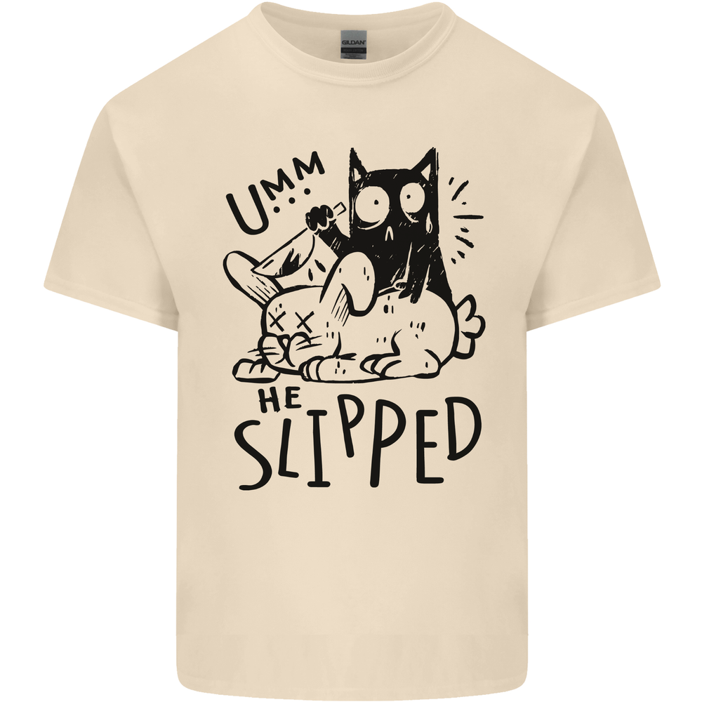 Cat Kills Dog He Slipped Funny Mens Cotton T-Shirt Tee Top