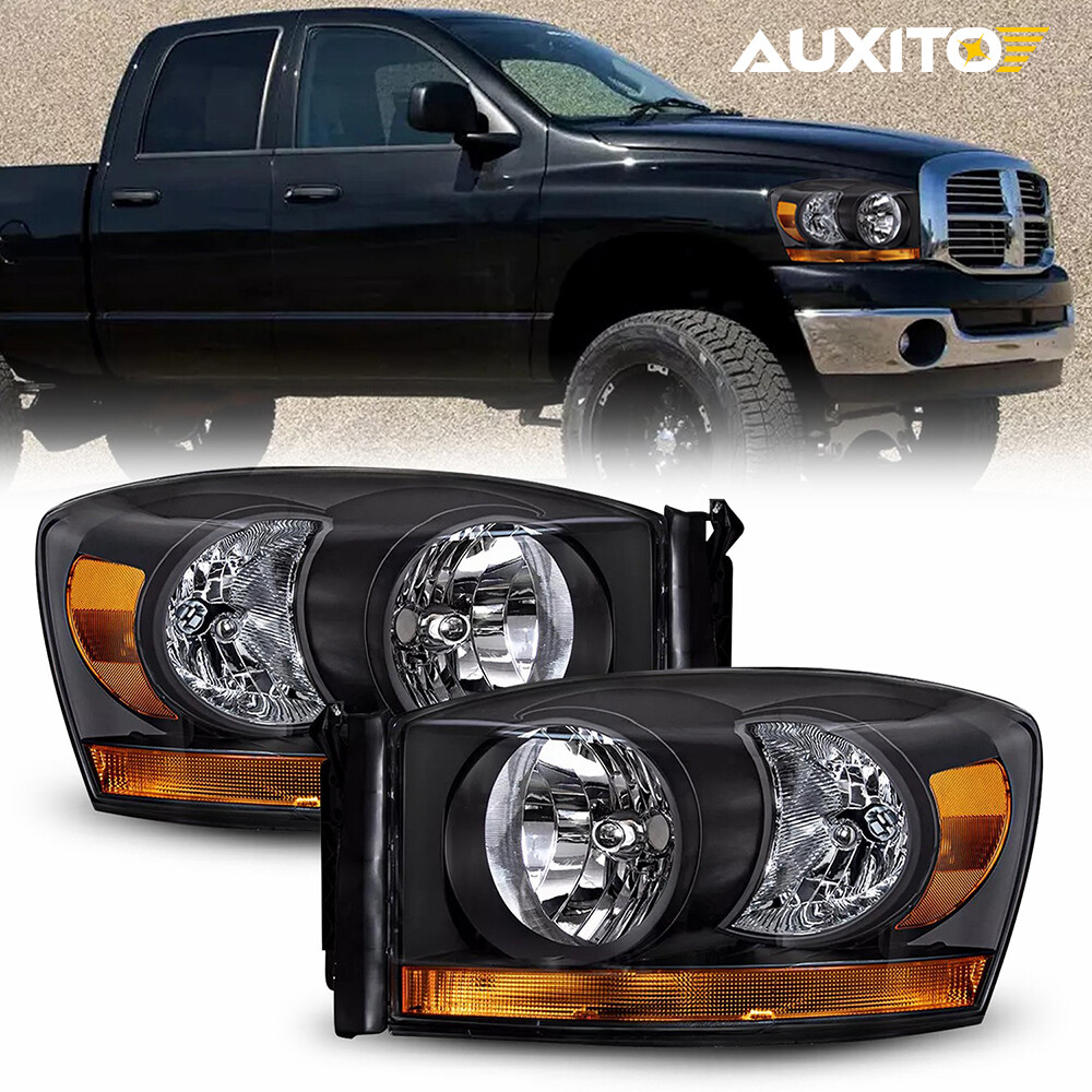 For 2006-2008 Dodge Ram 1500 2500 3500 Black Bezel Headlights Lamps Left+Rig 12V