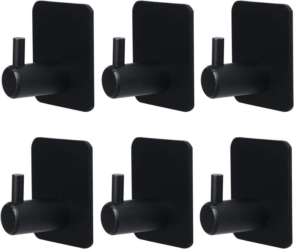 Black Adhesive Hooks 6 Pack, Heavy Duty Wall Hooks Aluminum Hooks for Hanging Co